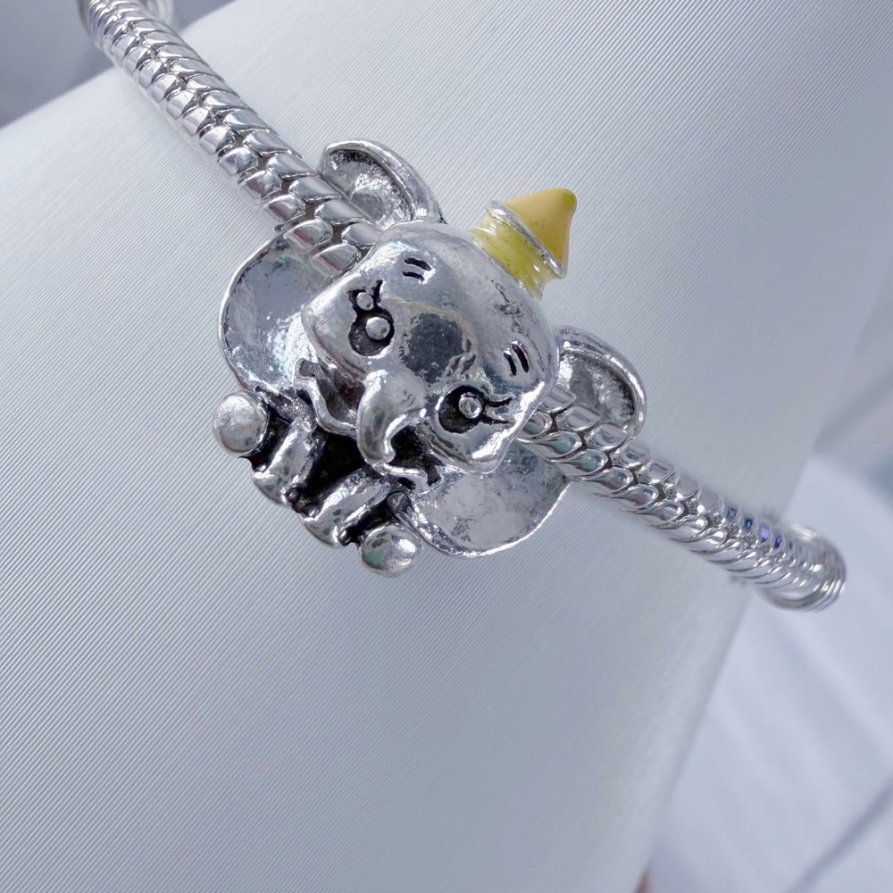 Silver Elephant Bead Charm Fits Snake Chain Bracelet Yellow Hat Animal Jewelry - Picture 3 of 10